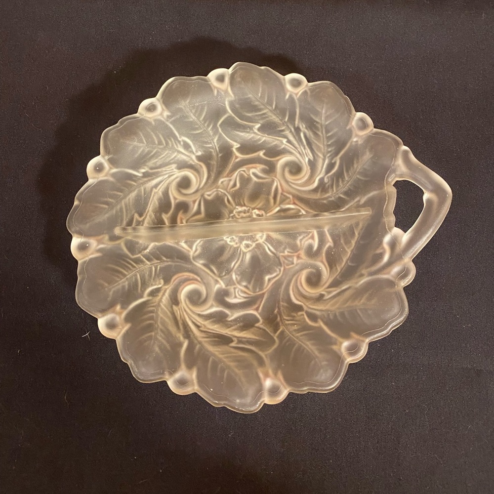 Vintage Indiana glass divided handled nappy crystal wild rose pattern pink tint